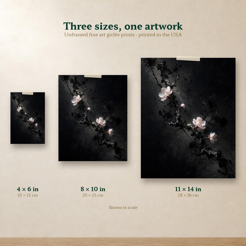 Size comparison of the plum blossom print in 4x6, 8x10 and 11x14 inches, side by side on one wall.