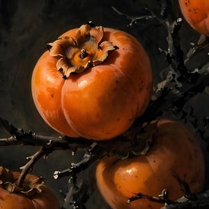 Close-up of the persimmon print: ripe orange persimmons with dark calyxes hanging from bare black branches.