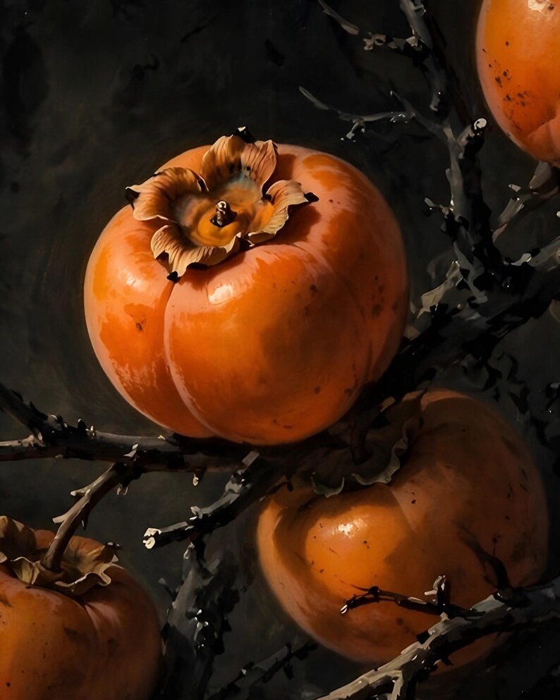 Close-up of the persimmon print: ripe orange persimmons with dark calyxes hanging from bare black branches.