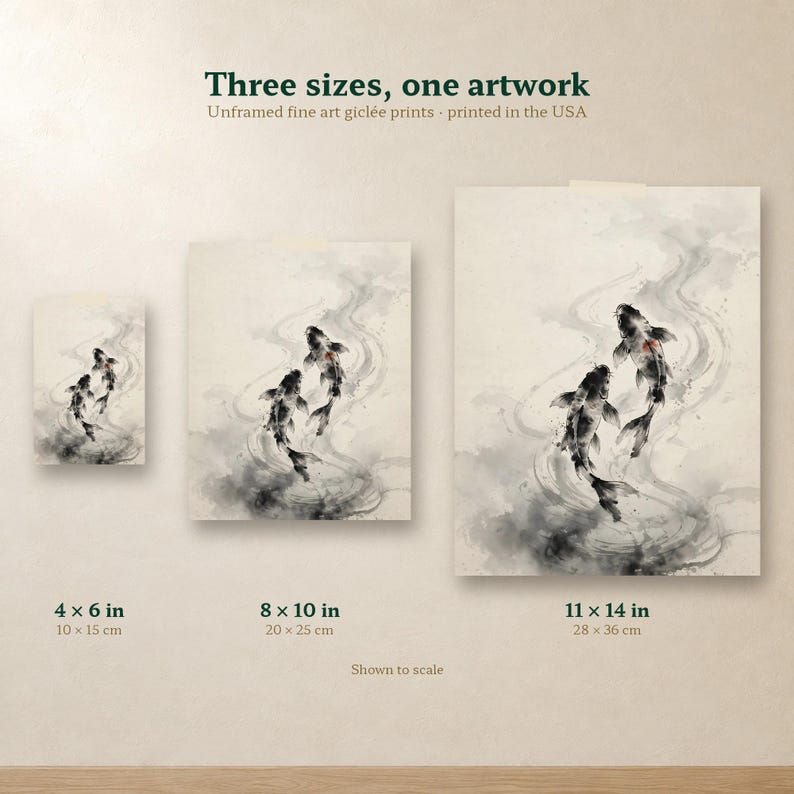 Size comparison of the ink koi print in 4x6, 8x10 and 11x14 inches, side by side on one wall.