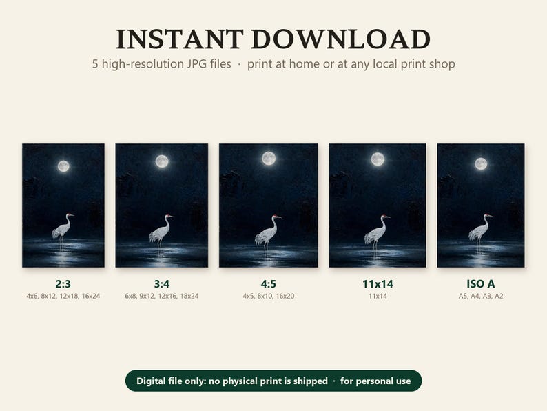 What you get with the moonlit crane printable: five high-resolution JPG files in 2:3, 3:4, 4:5, 11x14 and ISO A ratios; digital file only, no print is shipped.