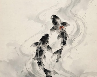Può includere: Un dipinto a inchiostro raffigurante due pesci koi che nuotano in acqua vorticosa. I pesci sono resi in tonalità di nero e grigio con una piccola macchia rossa sul pesce superiore. Lo sfondo è composto da lavaggi di acquerello grigio.