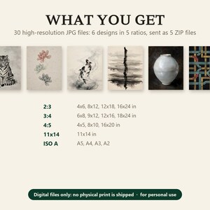 What you get with the set of six printables: 30 high-resolution JPG files, six designs in five ratios, delivered as five ZIP files; digital files only.