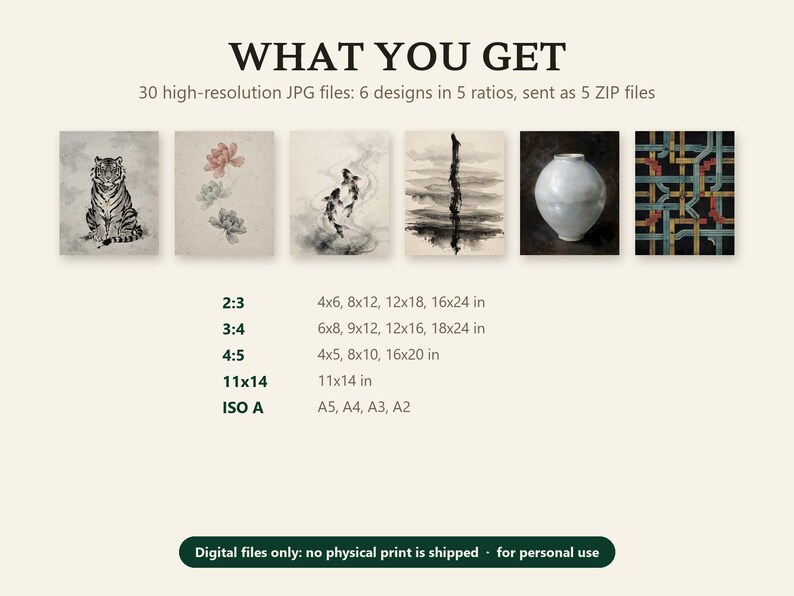 What you get with the set of six printables: 30 high-resolution JPG files, six designs in five ratios, delivered as five ZIP files; digital files only.