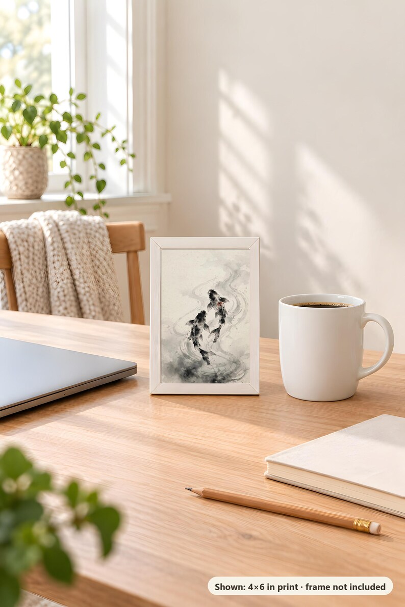 Ink koi print in the 4x6 inch size standing on a wooden desk next to a coffee mug; the frame shown is not included.