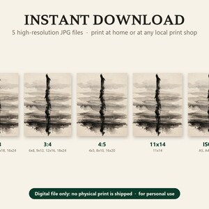 What you get with the abstract ink wash printable: five high-resolution JPG files in 2:3, 3:4, 4:5, 11x14 and ISO A ratios; digital file only, no print is shipped.