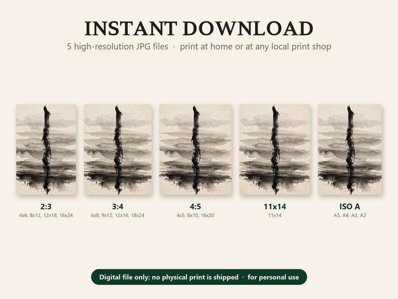 What you get with the abstract ink wash printable: five high-resolution JPG files in 2:3, 3:4, 4:5, 11x14 and ISO A ratios; digital file only, no print is shipped.