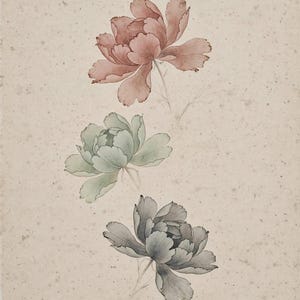 Korean minhwa peony art print: three peony blossoms in muted rose, sage green and slate gray on warm beige paper.