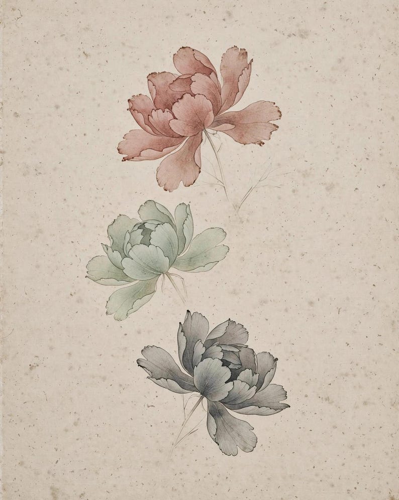 Korean minhwa peony art print: three peony blossoms in muted rose, sage green and slate gray on warm beige paper.