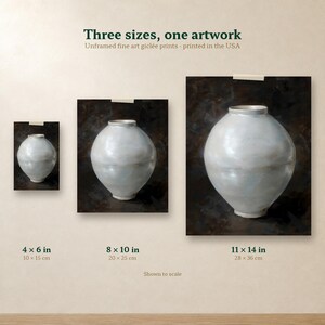 Size comparison of the moon jar print in 4x6, 8x10 and 11x14 inches, side by side on one wall.