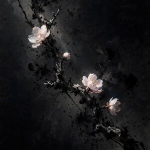 Plum blossom printable wall art (digital download): an ink wash branch with small pale pink plum blossoms on a dark ground.