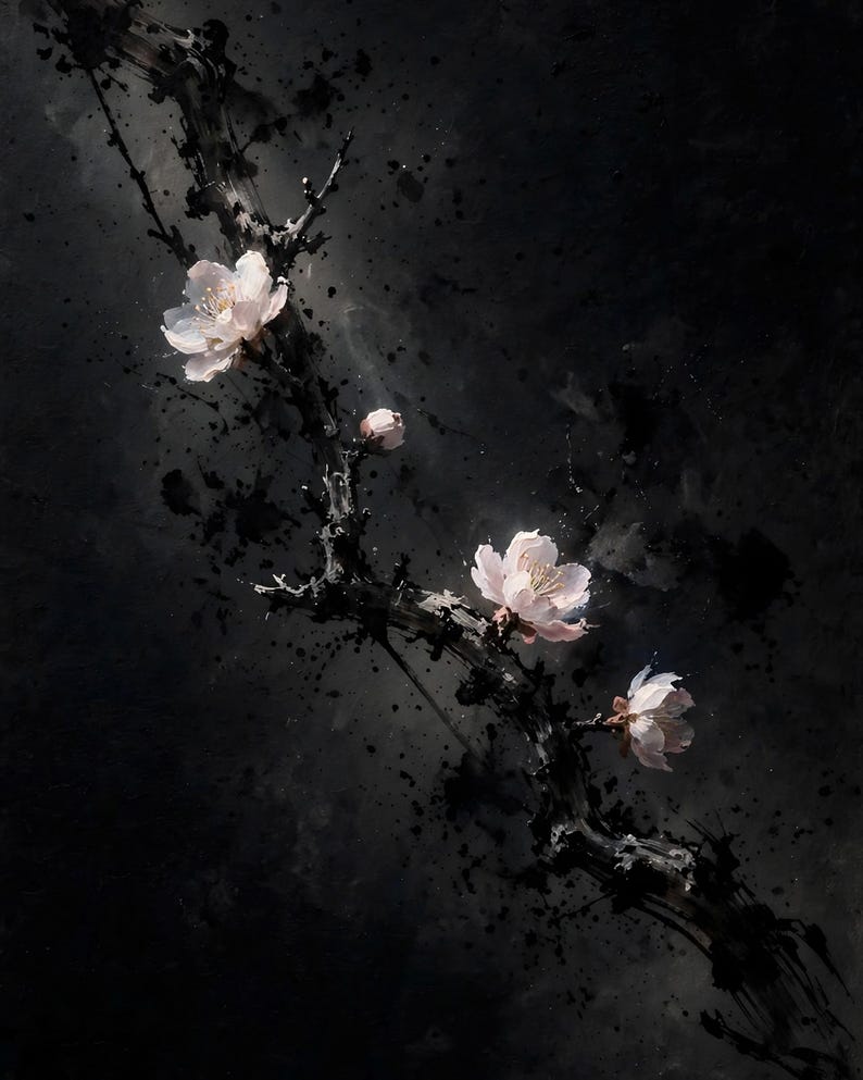 Plum blossom printable wall art (digital download): an ink wash branch with small pale pink plum blossoms on a dark ground.