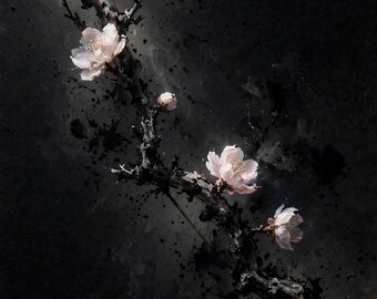 May include: A dark, textured painting featuring a single, gnarled tree branch extending diagonally across the frame. The branch is rendered in deep black ink splatters, adorned with several delicate, pale pink blossoms in full bloom.