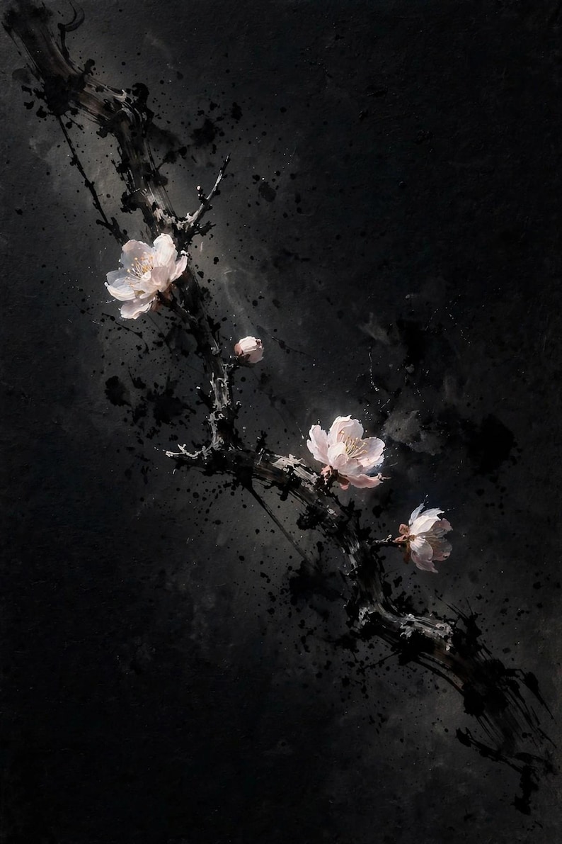 Plum blossom art print: an ink wash branch with small pale pink plum blossoms on a dark ground.