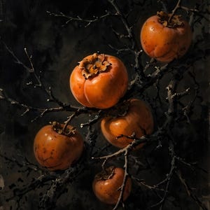 Korean persimmon printable wall art (digital download): ripe orange persimmons on a bare dark branch against a black background.