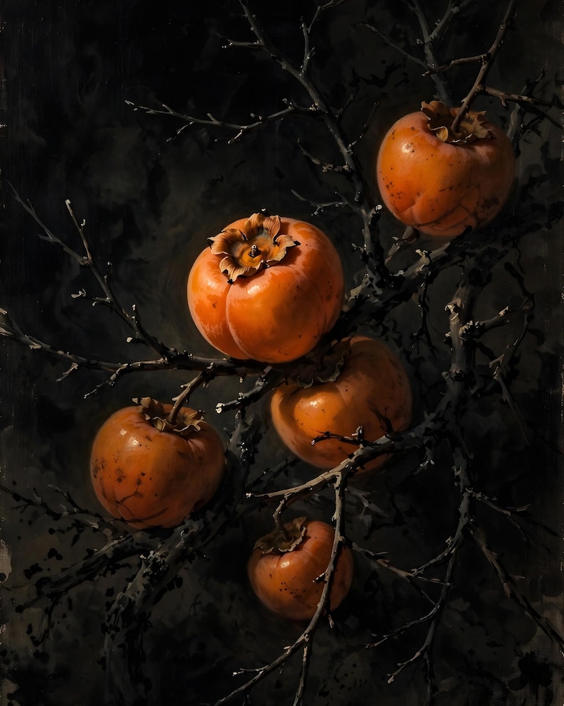Korean persimmon printable wall art (digital download): ripe orange persimmons on a bare dark branch against a black background.