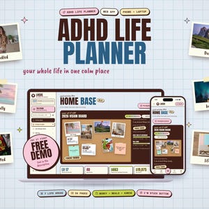 May include: A digital ADHD Life Planner displayed on a laptop and smartphone screen, featuring a 2026 vision board, home base dashboard, and various life management sections. The interface includes text labels, buttons, and polaroid-style photos.