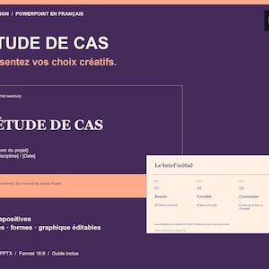 May include: A digital PowerPoint presentation template with a dark purple background and peach accents. The text reads RXL DSGN, ETUDE DE CAS, Le brief initial, and includes placeholders for project details, 15 slides, and editable graphics.