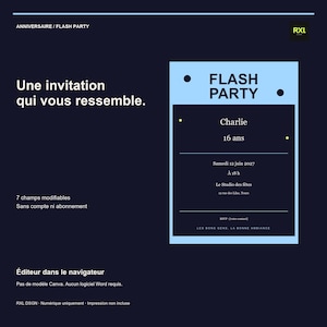 May include: A digital invitation template for a Flash Party on a dark blue background. The light blue card features the text Flash Party, Charlie, 16 ans, Samedi 12 juin 2027, 18 h, Le Studio des fêtes, 12 rue des Lilas, Tours, and RSVP.