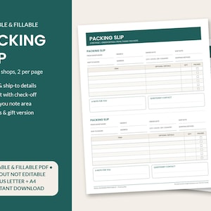 May include: A printable and fillable packing slip template for small shops, featuring two forms per page. The document includes fields for order details, shipping information, item lists with check-off boxes, and a thank-you note section.