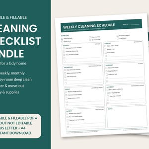 May include: A printable and fillable weekly cleaning schedule checklist bundle featuring 11 pages. The document includes sections for daily tasks and a Monday through Sunday breakdown with checkboxes for household chores on a white background.