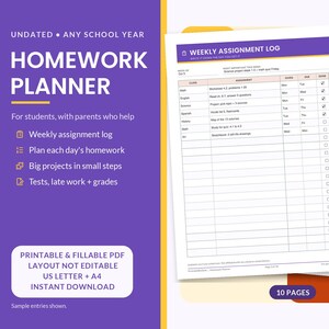 May include: A purple and white undated homework planner printable PDF with a weekly assignment log. The document features columns for class, assignment, due dates, and checkboxes for completion, with text including Weekly Assignment Log.