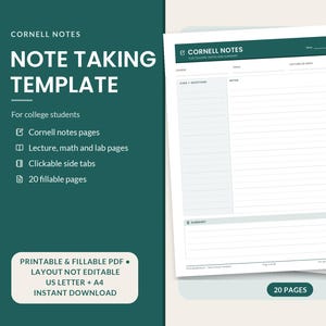 May include: A digital Cornell notes template featuring a dark green header with the text CORNELL NOTES. The layout includes sections for cues, questions, notes, and a summary, with clickable side tabs and 20 fillable pages in total.