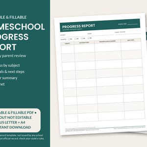 May include: A printable and fillable homeschool progress report template featuring a dark green header with white text. The document includes fields for student, grade, teacher, and quarterly review, with columns for subject, materials, and goals.