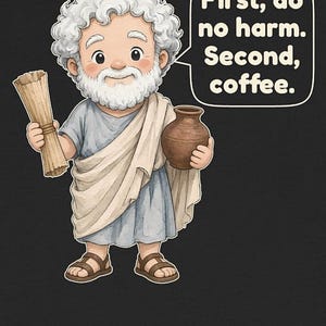 May include: A cartoon illustration of a white-haired, bearded figure wearing a light blue tunic and beige toga, holding a tan scroll and a brown clay pot. A speech bubble contains the text: First, do no harm. Second, coffee.