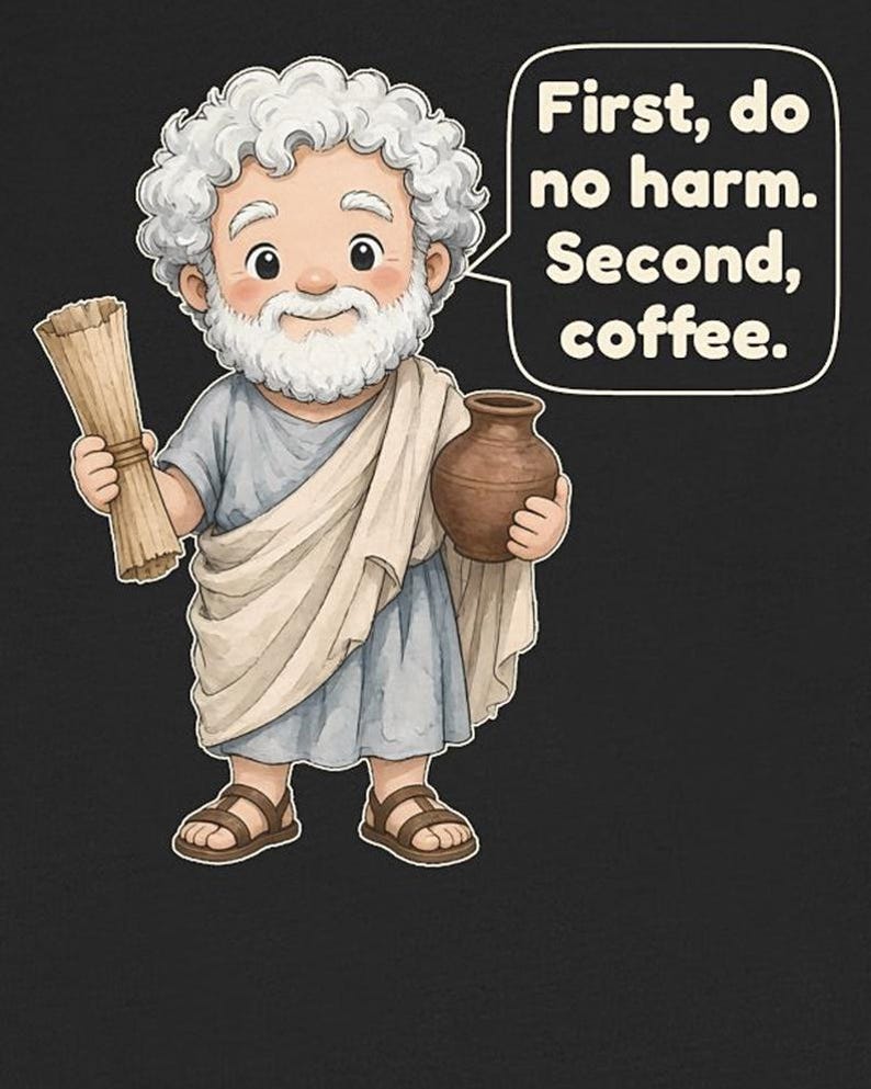 May include: A cartoon illustration of a white-haired, bearded figure wearing a light blue tunic and beige toga, holding a tan scroll and a brown clay pot. A speech bubble contains the text: First, do no harm. Second, coffee.
