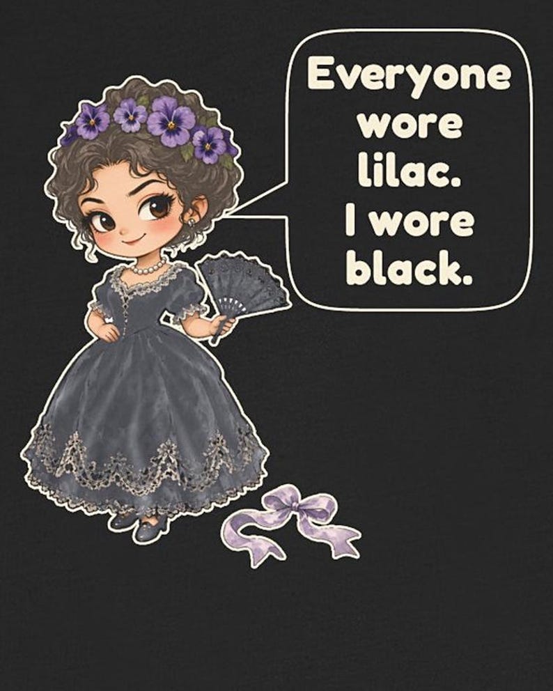 May include: A cartoon illustration of a person with curly brown hair wearing a purple flower crown and a black dress with lace trim, holding a black fan. A speech bubble contains the text: Everyone wore lilac. I wore black. A purple ribbon is below.