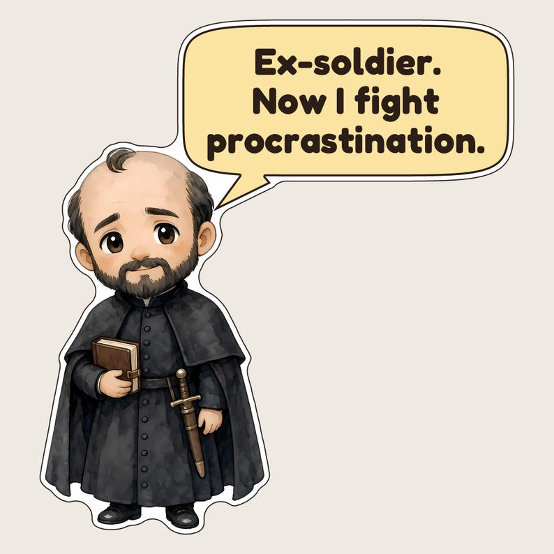May include: A sticker featuring a cartoon man with a beard and bald head wearing a black coat, holding a brown book, and carrying a sword at his waist. A speech bubble above him contains the text: Ex-soldier. Now I fight procrastination.