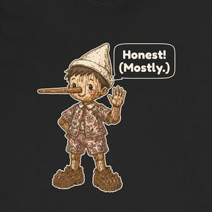 K&ouml;nnte beinhalten: Ein schwarzes T-Shirt mit einer Grafik einer Holzpuppe mit langer Nase, die einen Hut und ein Outfit mit Blumenmuster tr&auml;gt. Die Figur winkt mit einer Hand und eine Sprechblase neben der Figur enth&auml;lt den Text Honest! (Mostly.)