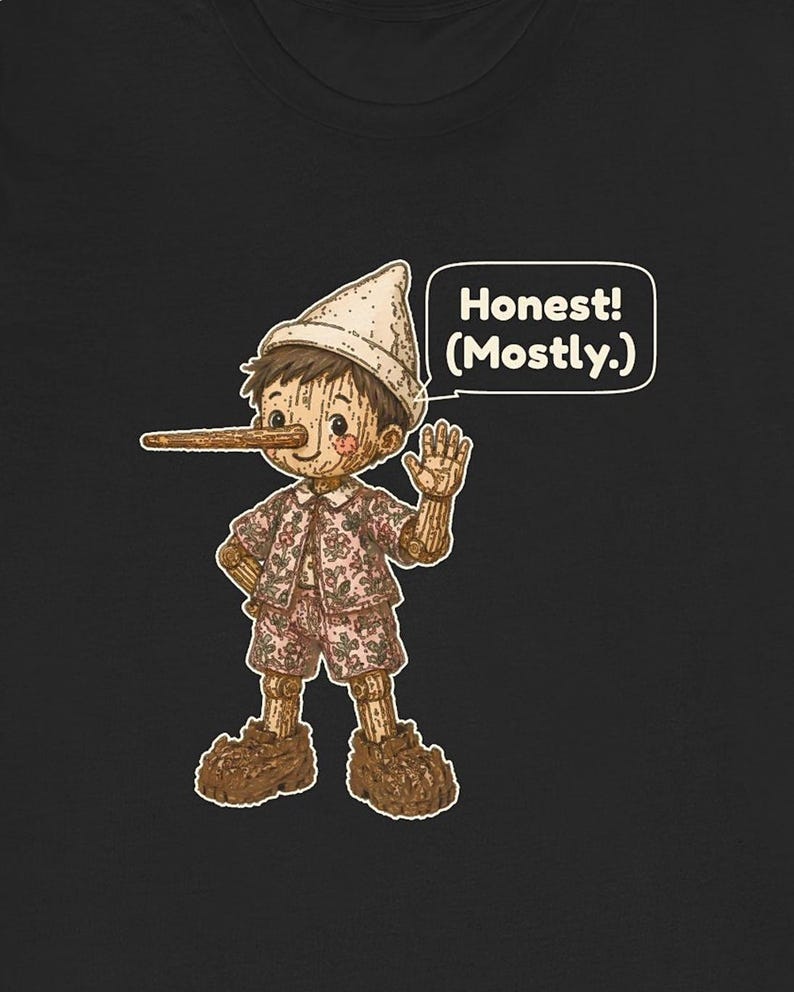 K&ouml;nnte beinhalten: Ein schwarzes T-Shirt mit einer Grafik einer Holzpuppe mit langer Nase, die einen Hut und ein Outfit mit Blumenmuster tr&auml;gt. Die Figur winkt mit einer Hand und eine Sprechblase neben der Figur enth&auml;lt den Text Honest! (Mostly.)