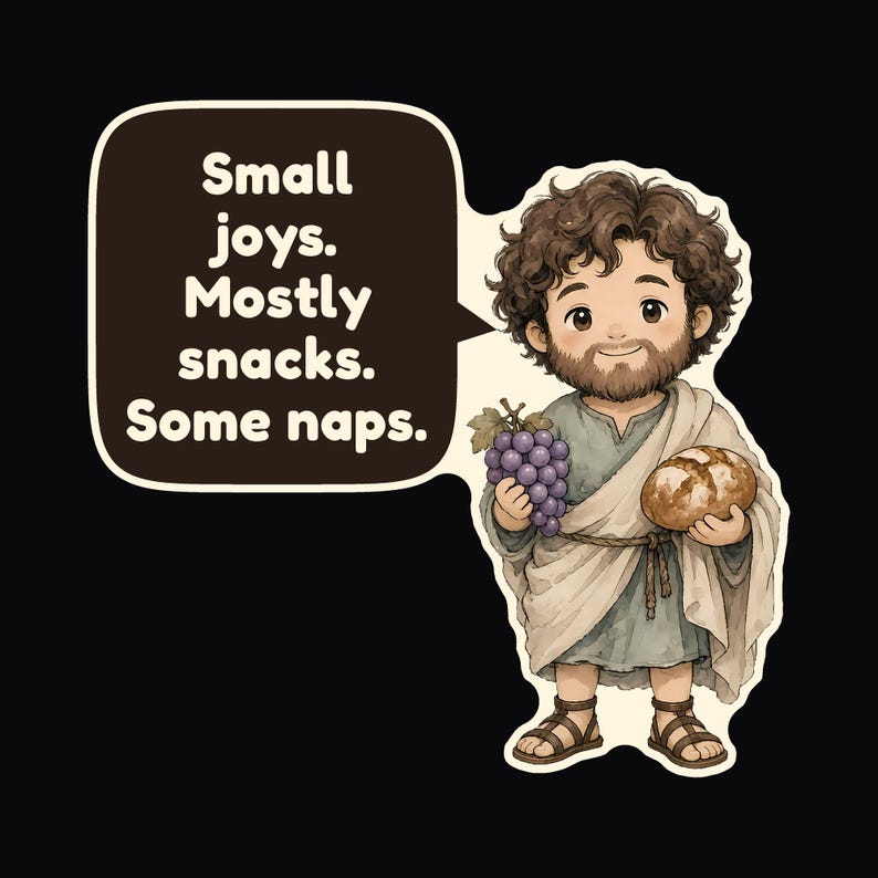 May include: A sticker featuring a cartoon figure with curly brown hair and a beard, wearing a light blue tunic and beige robe. The figure holds a bunch of purple grapes and a loaf of bread. A speech bubble contains the text: Small joys. Mostly snacks. Some naps.