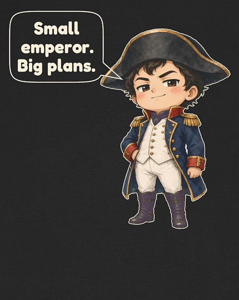May include: A graphic illustration of a chibi-style character wearing a dark blue military-style coat with gold epaulets, white trousers, and a black bicorne hat. A speech bubble contains the text: Small emperor. Big plans.