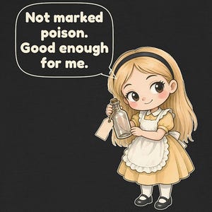 May include: A cartoon illustration of a blonde character wearing a yellow dress with a white apron and a black headband. The character holds a clear glass bottle with a cork and a blank tag. A speech bubble contains the text: Not marked poison. Good enough for me.