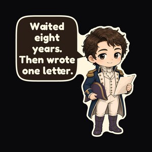 Puede incluir: Un personaje de dibujos animados vestido con un abrigo militar azul oscuro con charreteras doradas, un chaleco blanco y pantalones blancos, sosteniendo un papel y un sombrero. Un globo de texto contiene: Waited eight years. Then wrote one letter.