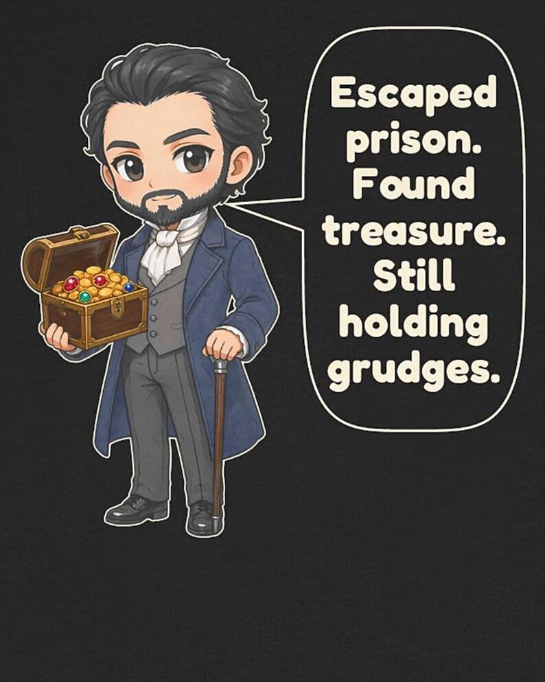 May include: A cartoon illustration of a bearded man in a dark blue coat and gray vest holding a wooden treasure chest filled with gold coins and gems, with a speech bubble containing the text: Escaped prison. Found treasure. Still holding grudges.