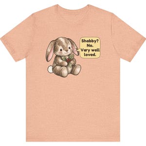 May include: A peach-colored short-sleeve t-shirt featuring a brown bunny illustration holding holly. A speech bubble next to the bunny contains the text: Shabby? No. Very well loved.