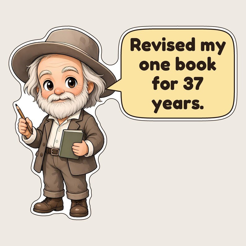 May include: A cartoon sticker of an elderly person with white hair and a beard, wearing a brown hat, jacket, and pants. The person holds a pencil and a small book. A speech bubble contains the text: Revised my one book for 37 years.
