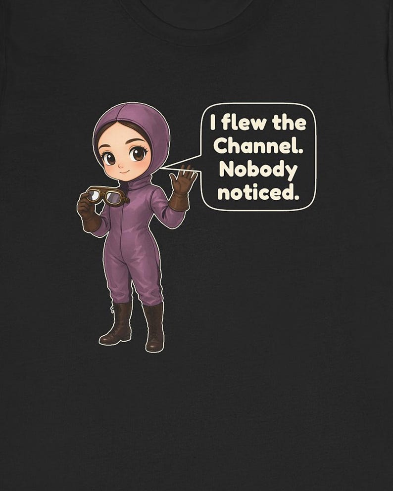 Puede incluir: Una camiseta negra con un personaje de dibujos animados con traje de vuelo morado, capucha y botas marrones. El personaje sostiene gafas de aviador y tiene un bocadillo con el texto: I flew the Channel. Nobody noticed.