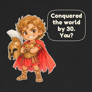 May include: A black t-shirt featuring a cartoon illustration of a curly-haired figure in bronze armor and a red cape, holding a plumed helmet. A speech bubble contains the text: Conquered the world by 30. You?