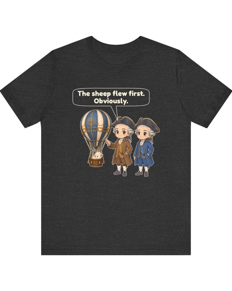May include: A dark heather gray t-shirt featuring a graphic of two historical figures in tricorn hats and a hot air balloon carrying a sheep. A speech bubble above the figures contains the text, The sheep flew first. Obviously.