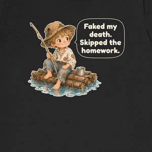 Barefoot River Raft Boy Shirt, Funny Homework Joke Tee, 1884 Classic Novel Gift for Book Lovers, English Teachers and Students