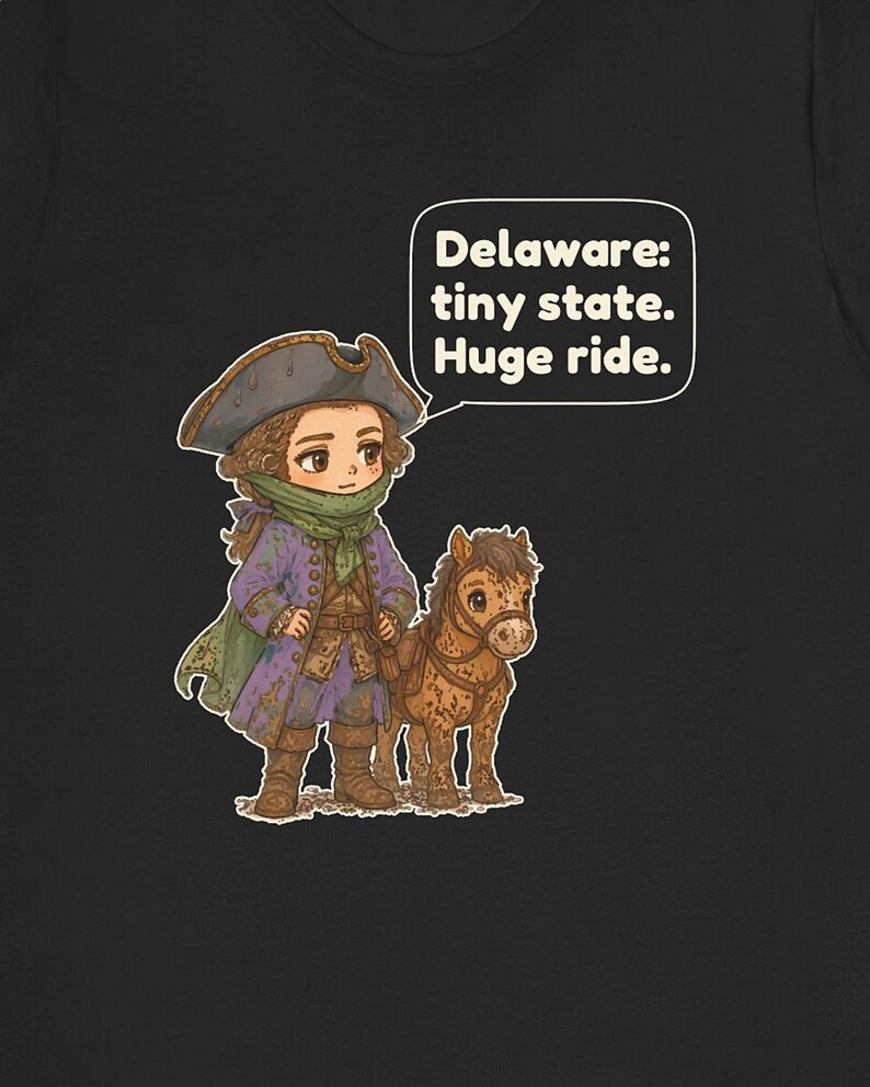 May include: A black t-shirt featuring a cartoon illustration of a person in a tricorn hat and purple coat standing next to a small brown horse. A speech bubble contains the text: Delaware: tiny state. Huge ride.