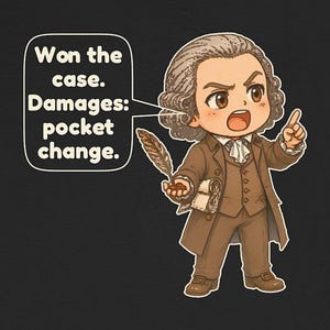 May include: A black t-shirt featuring a cartoon illustration of a person in 18th-century brown attire holding a quill and a scroll. A speech bubble contains the text: Won the case. Damages: pocket change. The character has brown hair.