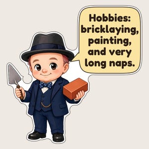 Pu&ograve; includere: Un personaggio dei cartoni animati che indossa un abito blu scuro, un fedora nero e un papillon a pois, che tiene in mano una cazzuola di metallo e un mattone rosso. Un fumetto contiene il testo: Hobbies: bricklaying, painting, and very long naps.