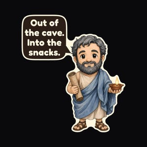 Peut inclure: Un autocollant de dessin anim&eacute; repr&eacute;sentant un homme barbu v&ecirc;tu d'une tunique claire et d'une draperie bleue, tenant un parchemin roul&eacute; et une petite lampe &agrave; huile allum&eacute;e. Une bulle contient le texte : Out of the cave. Into the snacks.