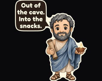 May include: A cartoon sticker of a bearded man in a light-colored tunic and blue drape, holding a rolled scroll and a small lit oil lamp. A speech bubble above him contains the text: Out of the cave. Into the snacks. The figure wears sandals.